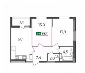 2-комн, 58 кв м, этаж 7/17 Смоленская улица