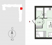 1-комн, 38кв м, этаж 3/7 Центральная улица, 18