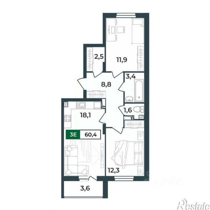 3-комн квартира в новом доме Верезинская улица, 3Б,  д. 3Б