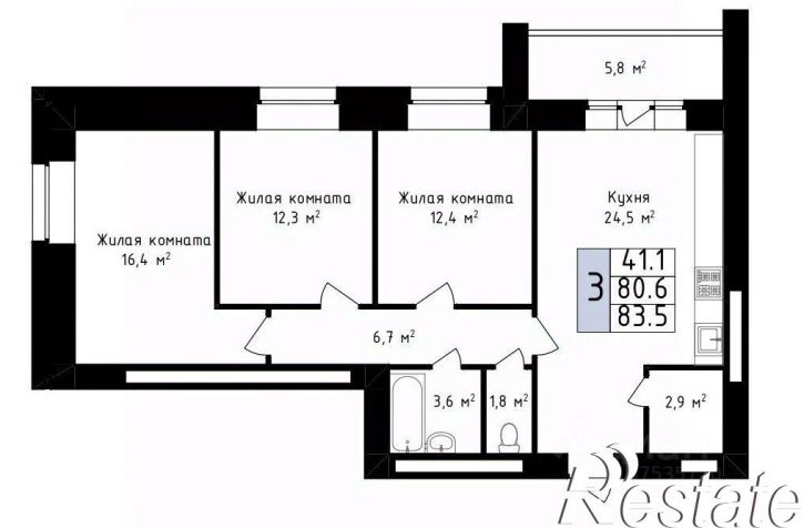 3-комн квартира в новом доме Фестивальная улица, 2,  д. 2